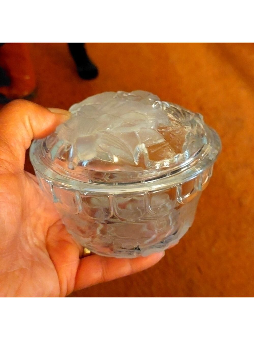 Vintage* 90s Kig Frosted Lotus Cut Glass Candy/Trinket Dish
